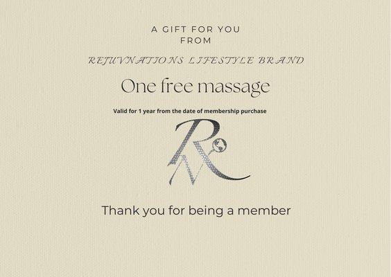 With a purchase of the membership come with an additional 90 min massage session valid for one year