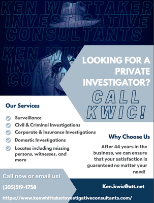 Looking for a Private Investigator? Call KWIC for all of your investigative needs!