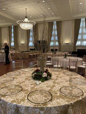 Rose Gold Marigold Lace, on White Linen, Gold Rimmed Glass Charger. Glass Cylinder w/Gold & Sparkle Tanzanite Branches ...