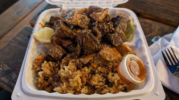 Combination steak and chicken with fried rice