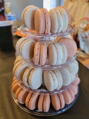 A tower with cinnamon churro and french toast macarons.