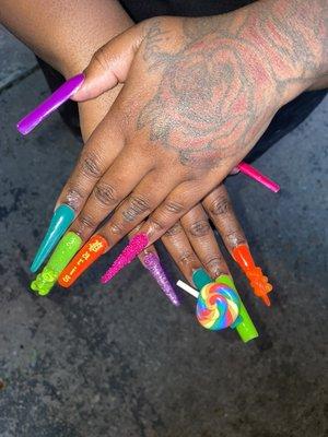 Glow in the dark Extendo full set with tapered square and stiletto shapes, gummy bears, kawaii charms, and sugar