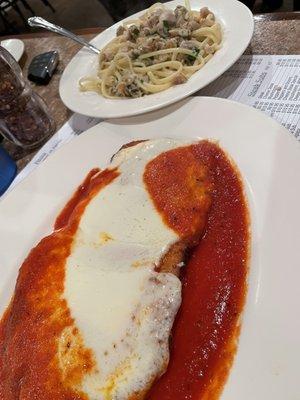 Chicken Parm with linguine and clams