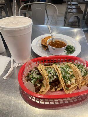 Chicken, steak & birria tacos with a large horchata