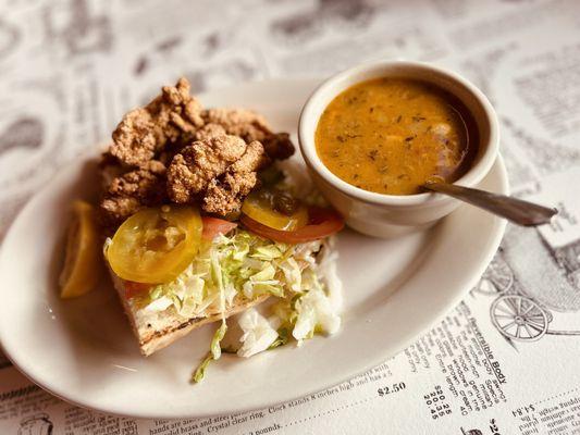 Half Fried Oyster Po Boy & Crab and Corn Bisque