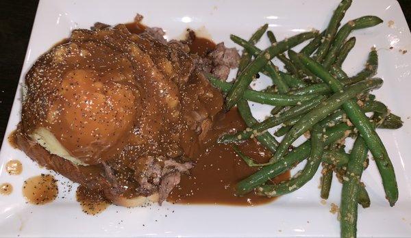 Open Face Hot Beef Sandwich with Mashed Potatoes and Gravy and Green Beans