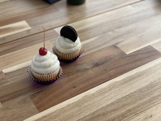 Tres Leches Cupcakes Vanilla cupcake soaked with a tres leches mixture with a Whip cream frosting and topped off with a cherry or an Oreo!