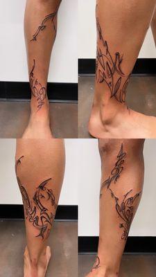 Leg free hand fine line  tattoo