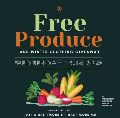 Sacred House advertising their 'Free Produce and Winter Clothing Giveaway'