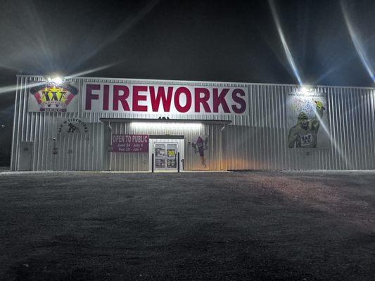 Night Time Front View of Mr. W Fireworks Store