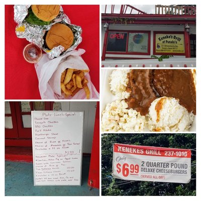 Two quarter pounder deluxe cheeseburger, ordered small side order french fries. Hamburger steak plate w/ rice & mac salad@Kenekes Punaluu!