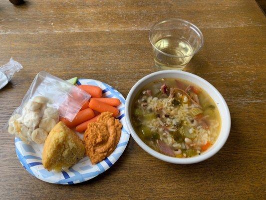 Pop and John soup, corn bread, hummus and veggies.