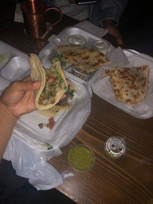 steak tacos and Chicken Quesadilla