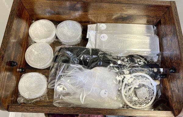 Selenite bowls and slabs 
Dreamcatchers.