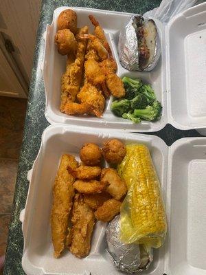 My parents 2 piece batter dipped fish meal with shrimp one with a loaded baked potato, one regular baked potato, broccoli and corn.