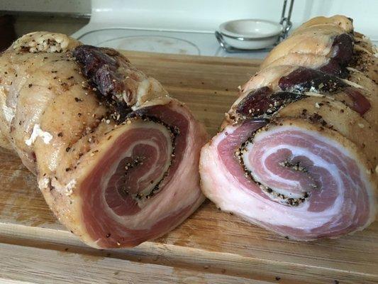 Homemade pancetta using pork belly from Elite Meat!