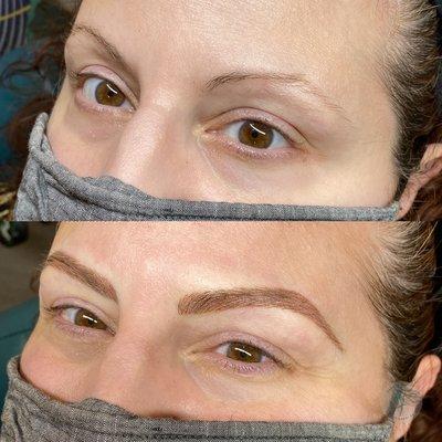 Combination brows. Permanent makeup will last about two years.