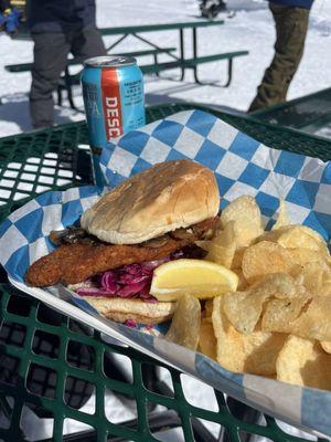 Schnitzel sandwich w cabbage and mushrooms + house chips. Best ski food I've had!!!!