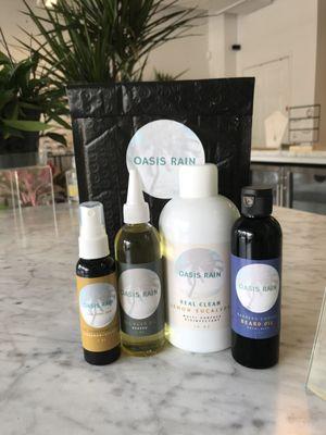 Some items from the Oasis Rain Wellness and Hygiene Product Line