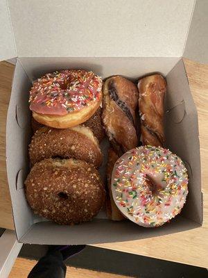 Cinnamon Crumb Glaze Donut, Vanilla Rainbow Sprinkle Cake, Cinnamon twisted