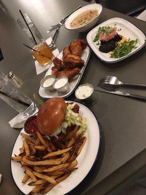 Walleye sandwich, dry-rub chicken wings, Ahi tuna  poke, walleye chowder