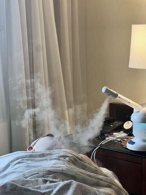 facial at hotel :steam for soften skin and open the pore