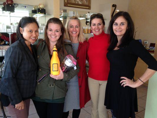 We love having bachelorette party's!  Mani's, pedi's, facials, and massages for all.  And the bride-to-be gets a bottle of Veuve Clicquot!