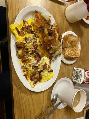 Bacon and Cheese Omelet, Homefries, Toast, and Coffee