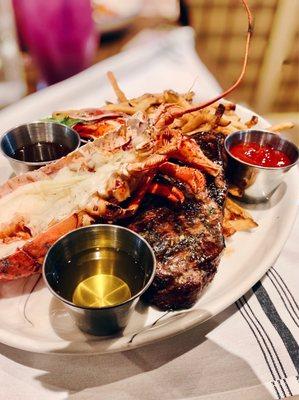 New York strip steak and lobster