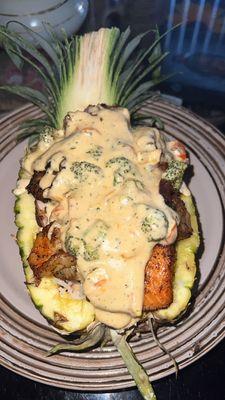 Salmon , Shrimp And Rice W. A Homemade Veggie Cream Sauce PINEAPPLE BOWL.