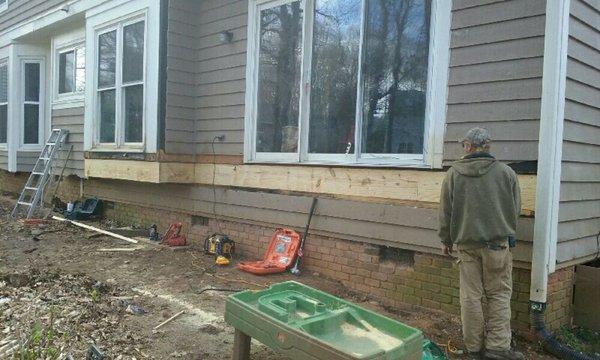 Replacing rotten band sill,  beginning of deck rebuild