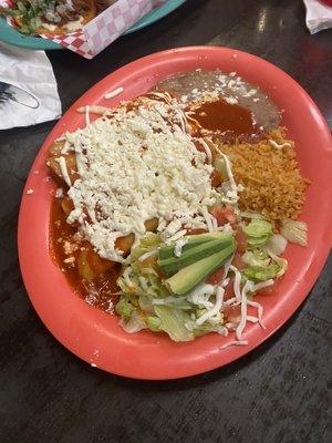 Cheese enchiladas, beans and rice