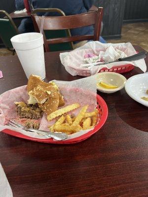 Cheeseburger, great Fries & fried okra