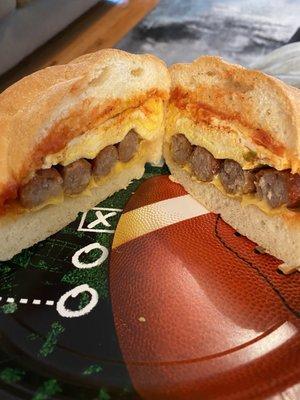 Sausage Links, Eggs & Cheese on a Roll, Pepper & Ketchup.