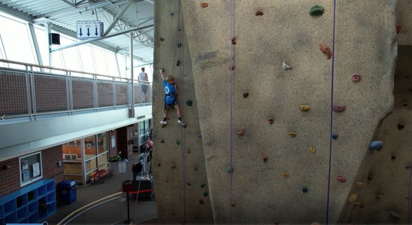 The three story high climbing wall is the focal point of the center's lobby.