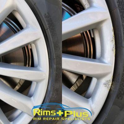 Before and after pictures of a 2018 BMW 7 series wheel repair.