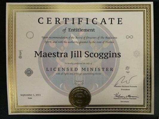 4 years of Seminary finally complete. I have been ordained as a minister. I am a shaman.