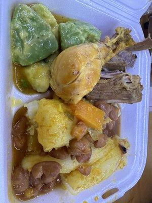 Pollo guisado,yuca,pernil,avocado and beans stew