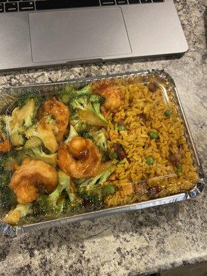 Shrimp and broccoli dinner special with pork fried rice