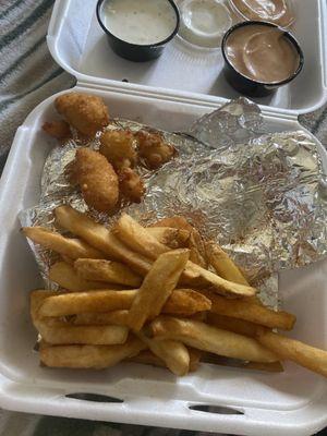 chicken quesadilla tray with cheese bites top left and fries ( seasoned)