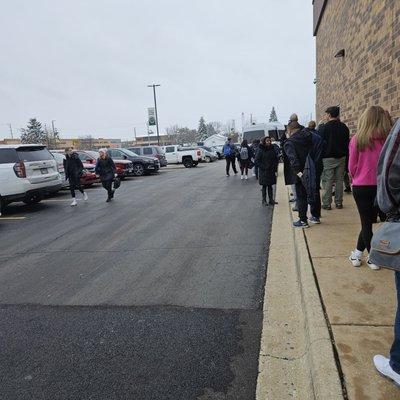 Here's the hour long wait to get on a tiny shuttle. It was about 28 degrees outside.