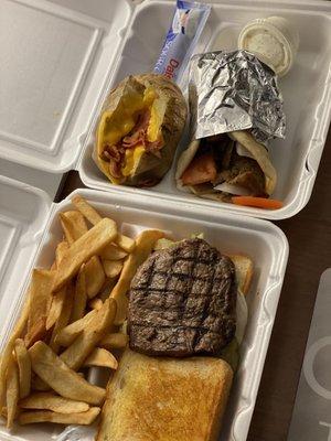 Steak Sandwich and Gyro Sandwich with a loaded baked potato!