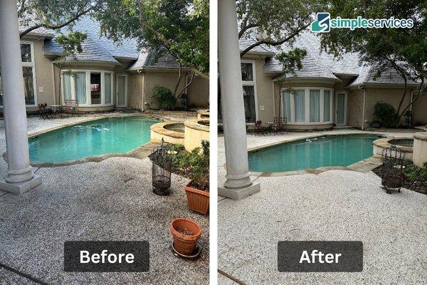 We power washed this concrete patio with soft-wash post treatment to keep it clean for longer. See the difference yourself!