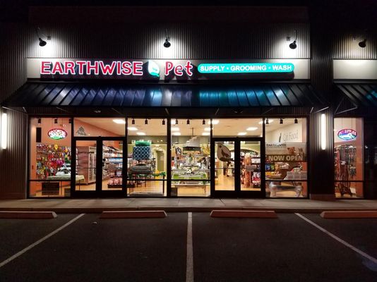 Store front at night.