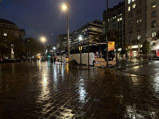 Three motor coaches picking up from downtown DC hotel