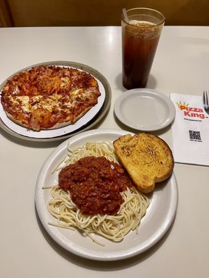 Small spaghetti and meat sauce, 10-inch pepperoni pizza