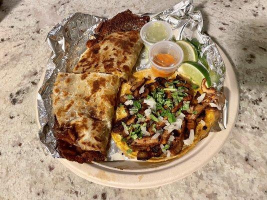 Dorado quesadilla and taco al pastor