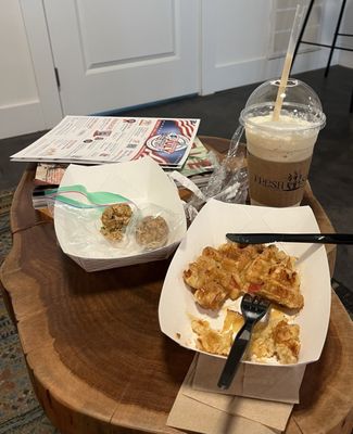 Halfway into our food; protein balls, a vanilla frappe, and the apple johnny waffle