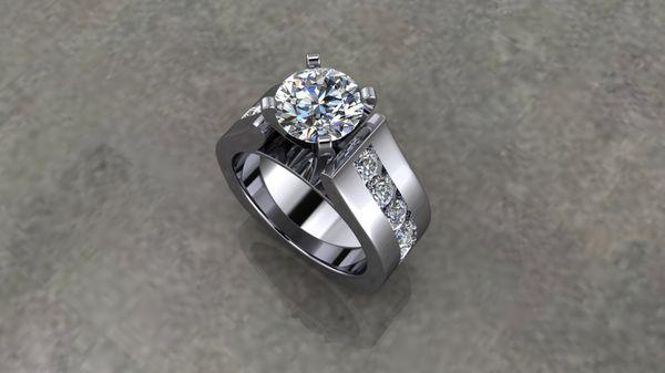 Ladies Platinum wedding ring with 3 ct center diamond and one carat in side diamonds.