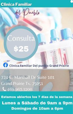 Visit $25 only 
Consulta a solo $25 dlrs